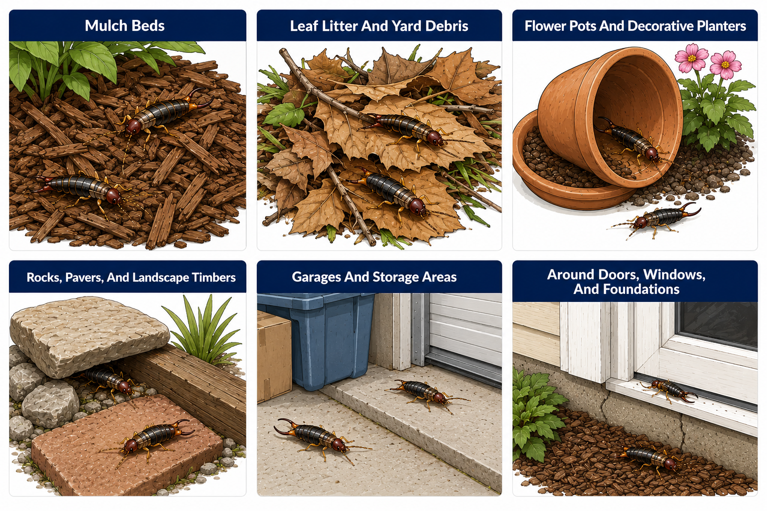 Illustration showing common earwig hiding places around Florida homes