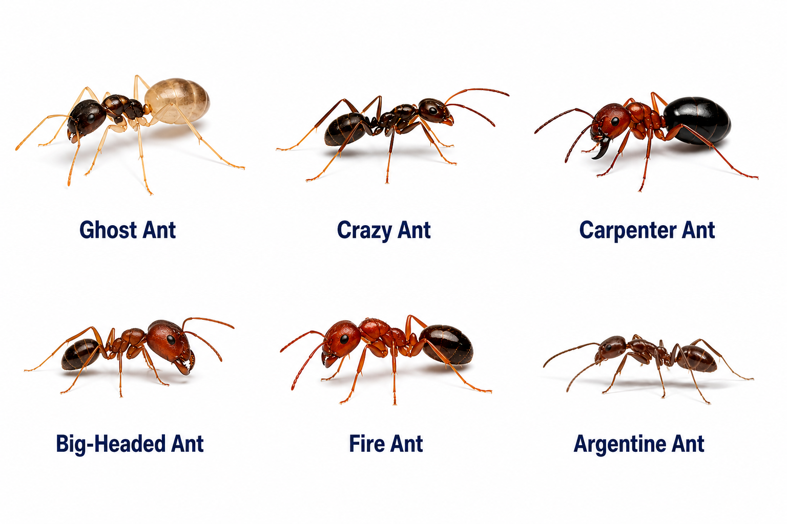 Florida ant identification chart with ghost, carpenter, fire, and Argentine ants
