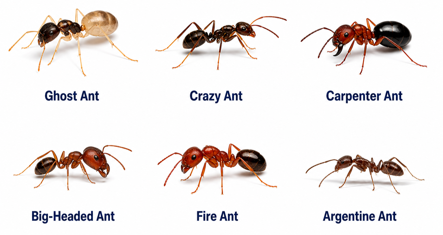 Florida ant identification chart with ghost, carpenter, fire, and Argentine ants
