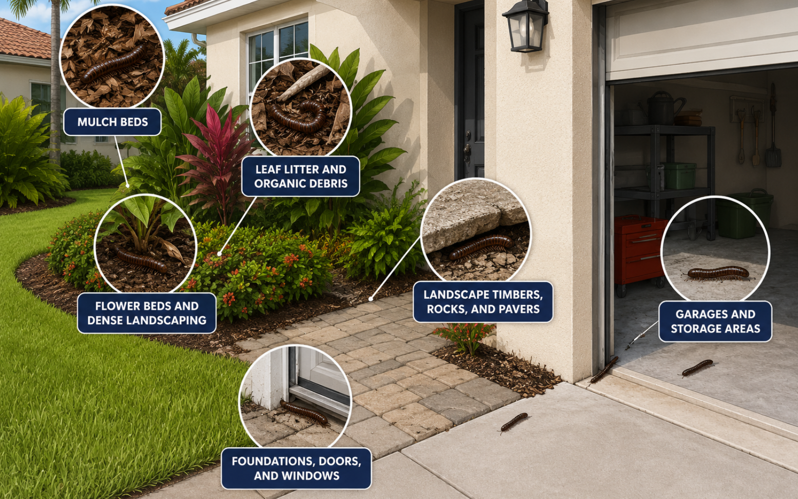 Ilustration showing common millipede hiding places around a South Florida home