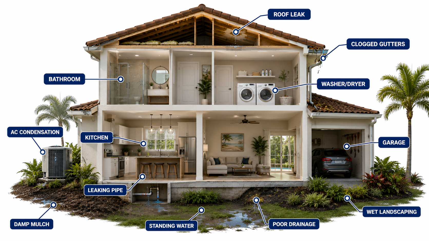 Cutaway illustration of a South Florida home showing common moisture sources that attract pests