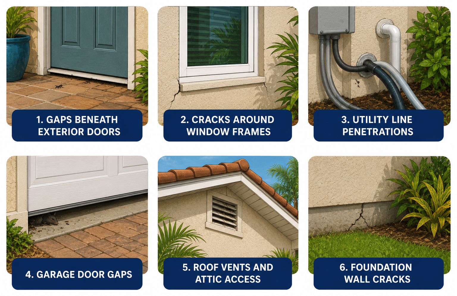 Illustration showing common pest entry points around a South Florida home