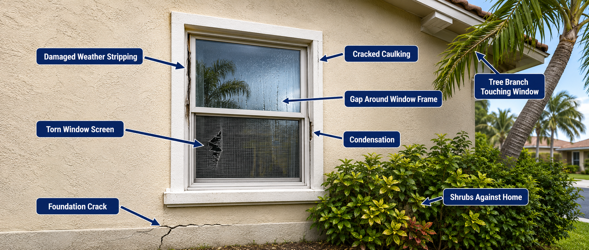 Illustration showing common pest entry points around a residential window