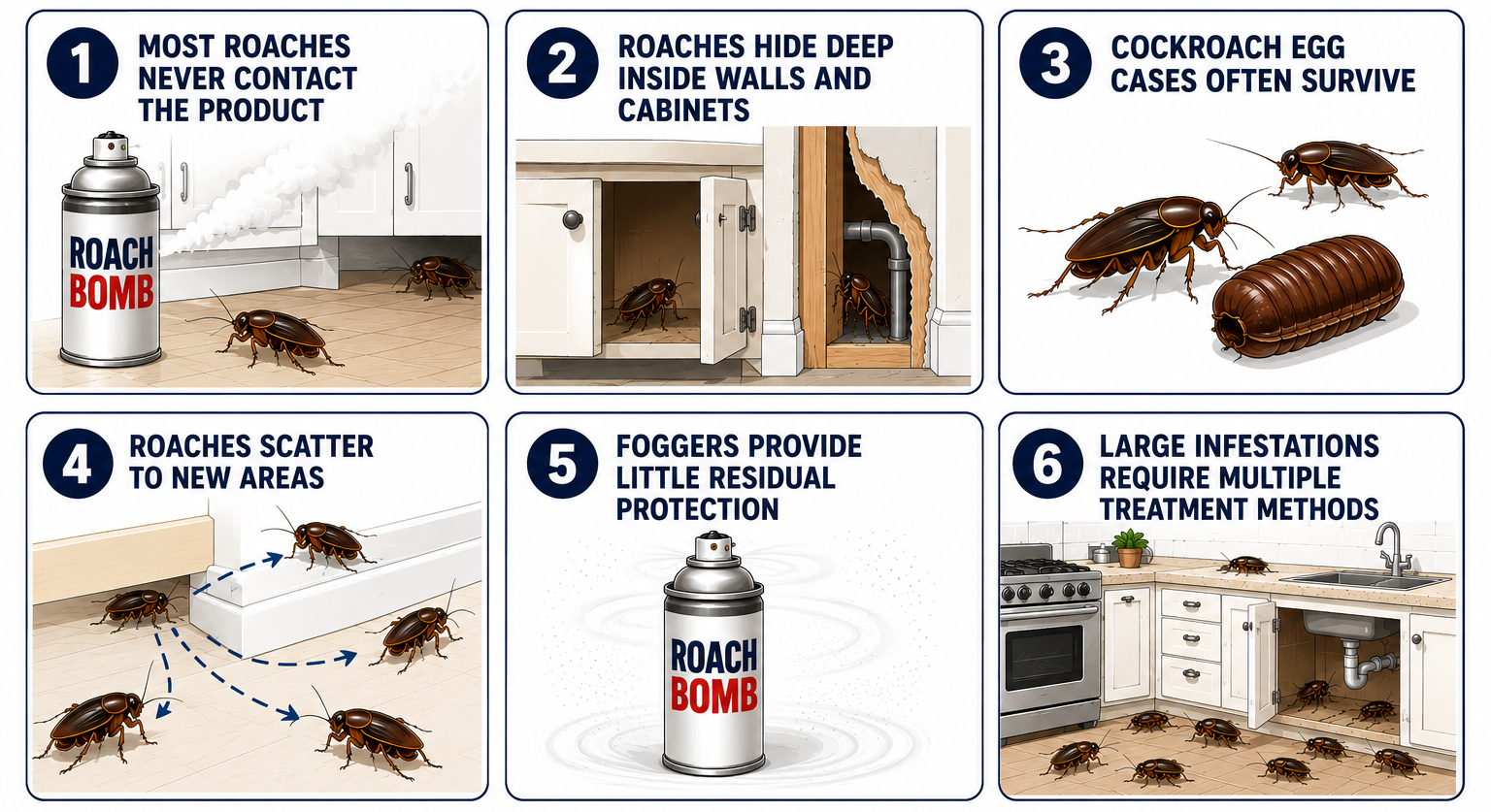 Illustrated infographic explaining why cockroach foggers and roach bombs often fail to control infestations