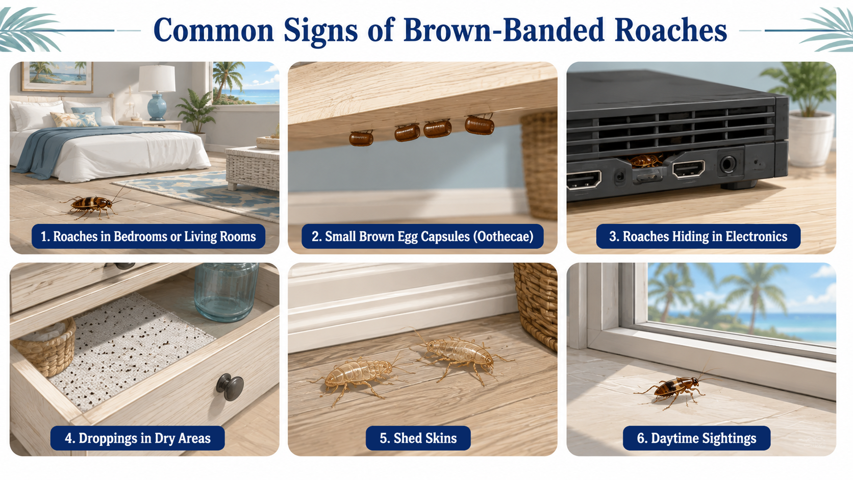 Common signs of a brown-banded roach infestation in a South Florida home.