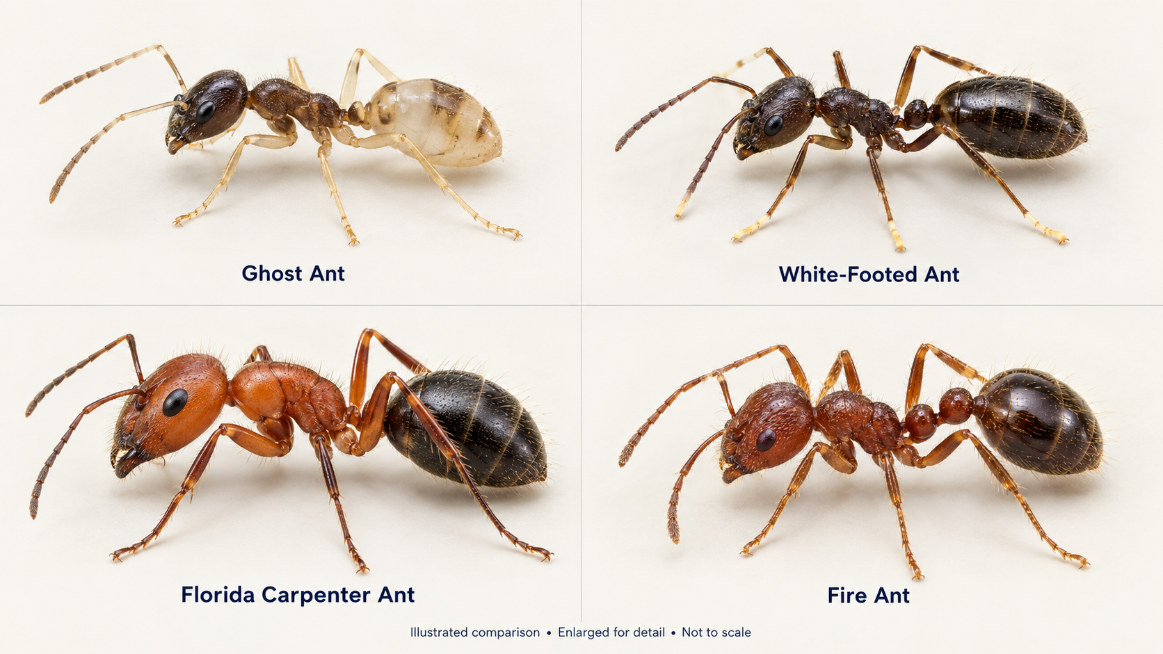 Illustrated comparison of ghost ants, white-footed ants, Florida carpenter ants, and fire ants.
