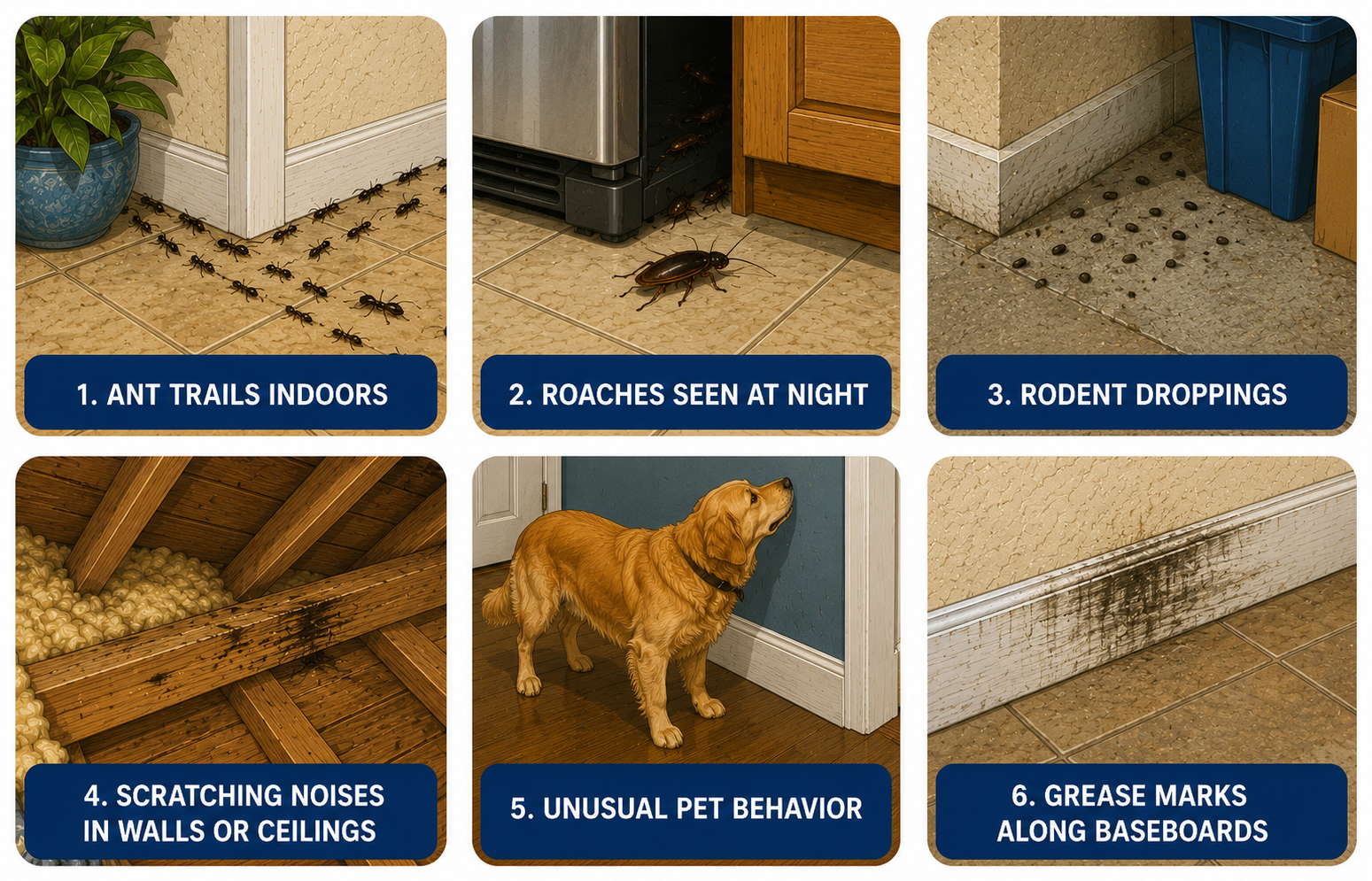 Illustration showing common warning signs of pest activity inside a home