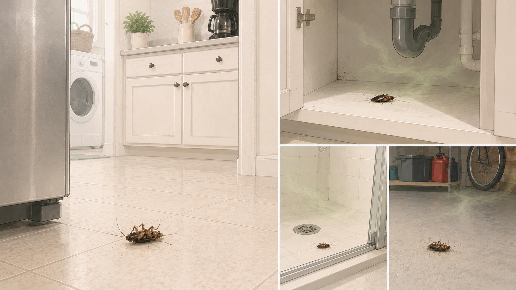 Dead cockroaches near kitchen appliances and drains indicating hidden roach infestation
