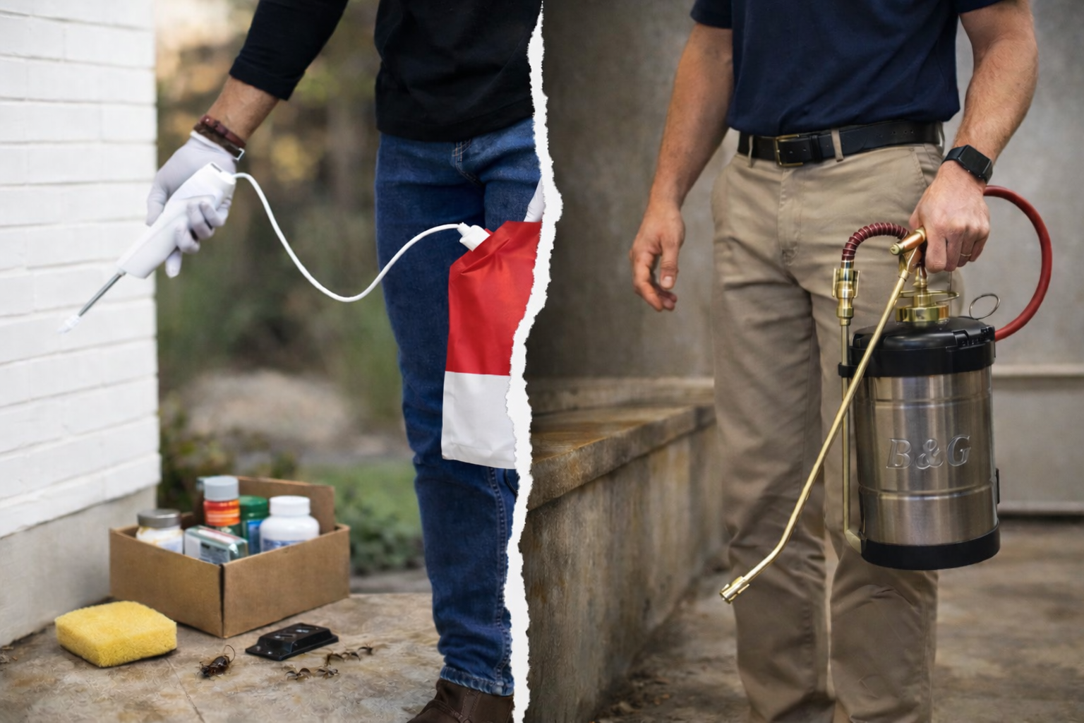 Two pest control professionals side-by-side, one using a sprayer and the other with a container and wand.