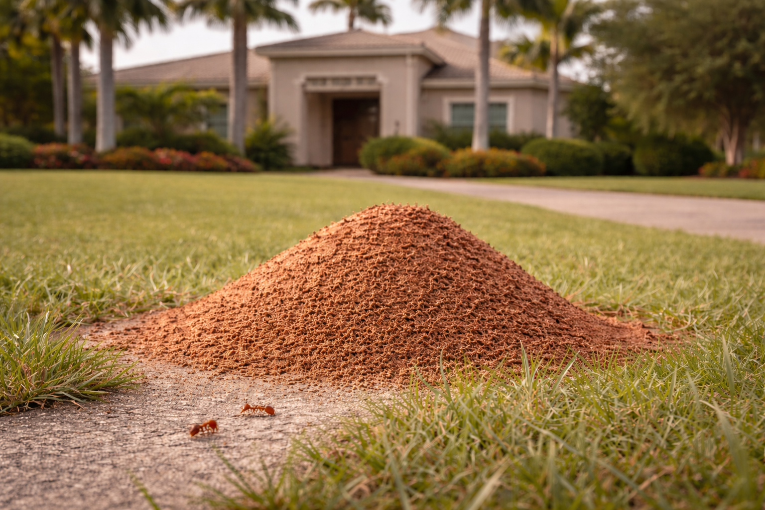 Fire ant hill in a South Florida lawn in front of a residential home, showing signs of a pest problem