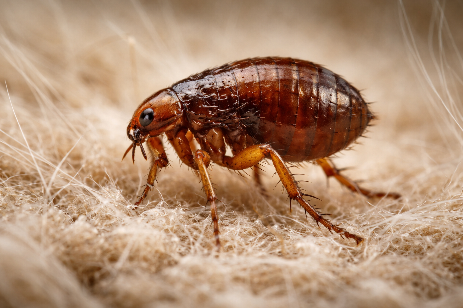 Close-up of a flea on a light-brown surface with fur-like texture. The flea is brown with visible legs and antennae.