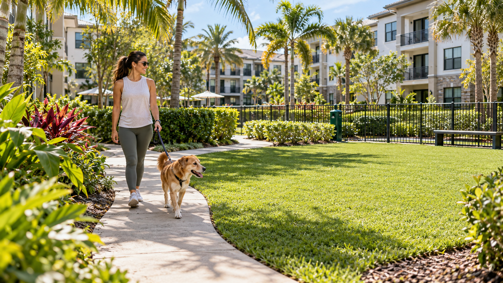 Resident walking a dog through a landscaped South Florida apartment community.