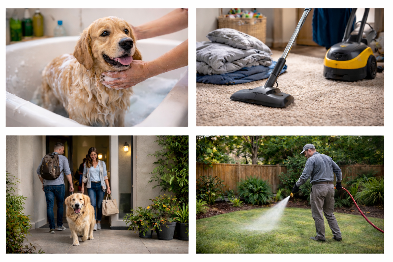 Dog being bathed, vacuuming rug, family with dog, and man watering lawn.
