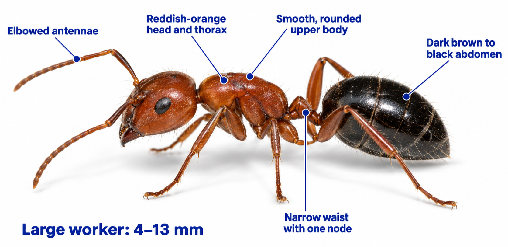 Florida carpenter ant identification showing its color, size, antennae, body, and narrow waist