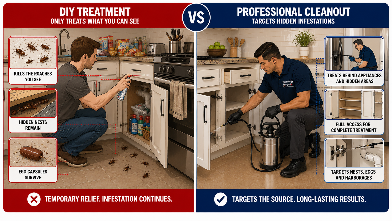 DIY vs professional German roach cleanout illustration