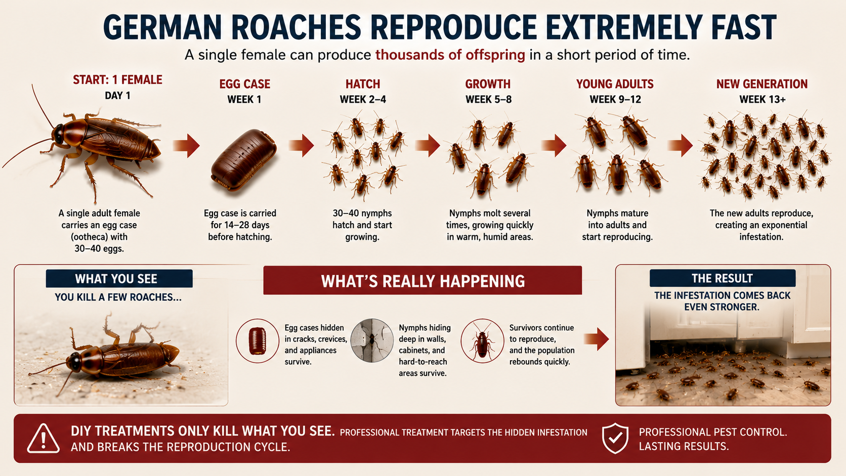 Infographic showing how quickly German roaches reproduce and spread through apartment infestations.