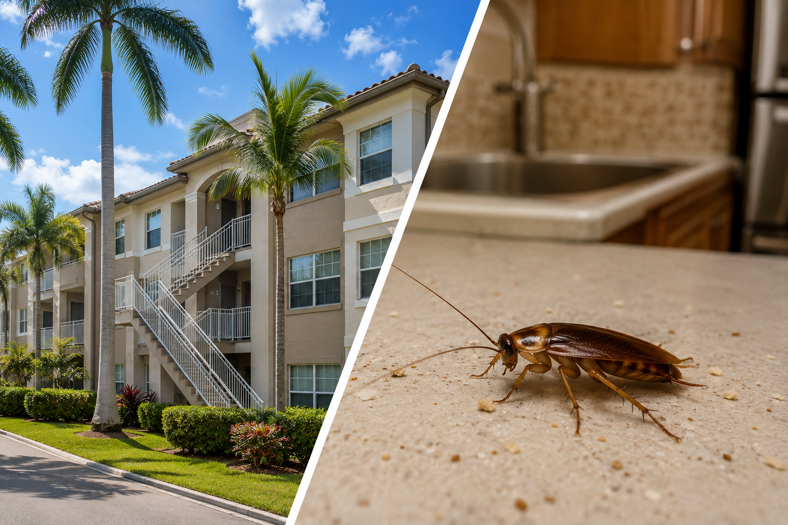 Split image showing a South Florida apartment building and a German cockroach inside a kitchen apartment infestation.