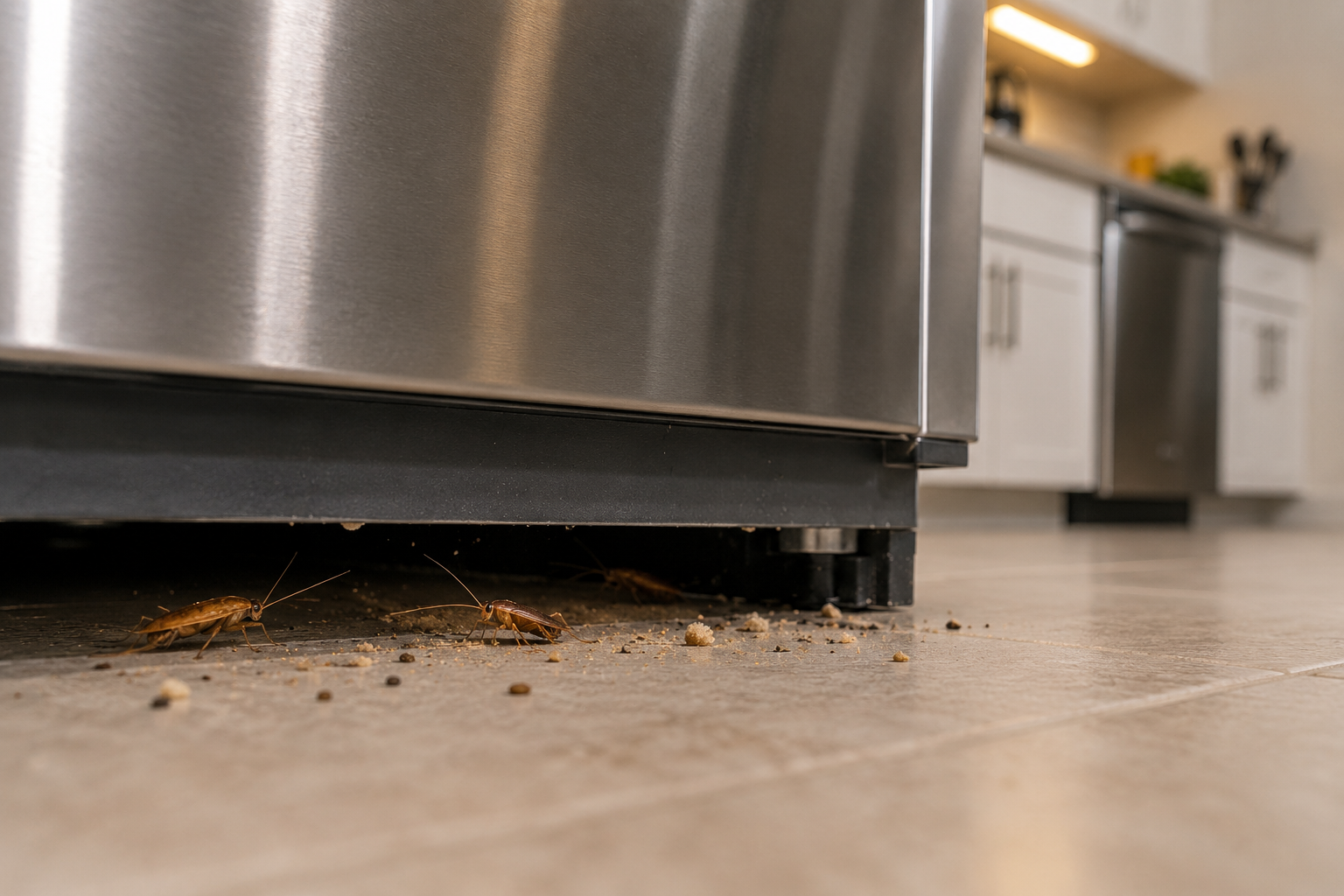 German cockroaches hiding under kitchen refrigerator.