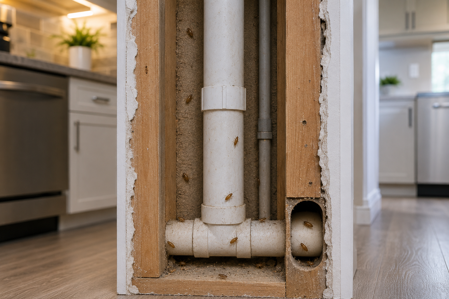 German cockroaches spreading through apartment walls and plumbing.