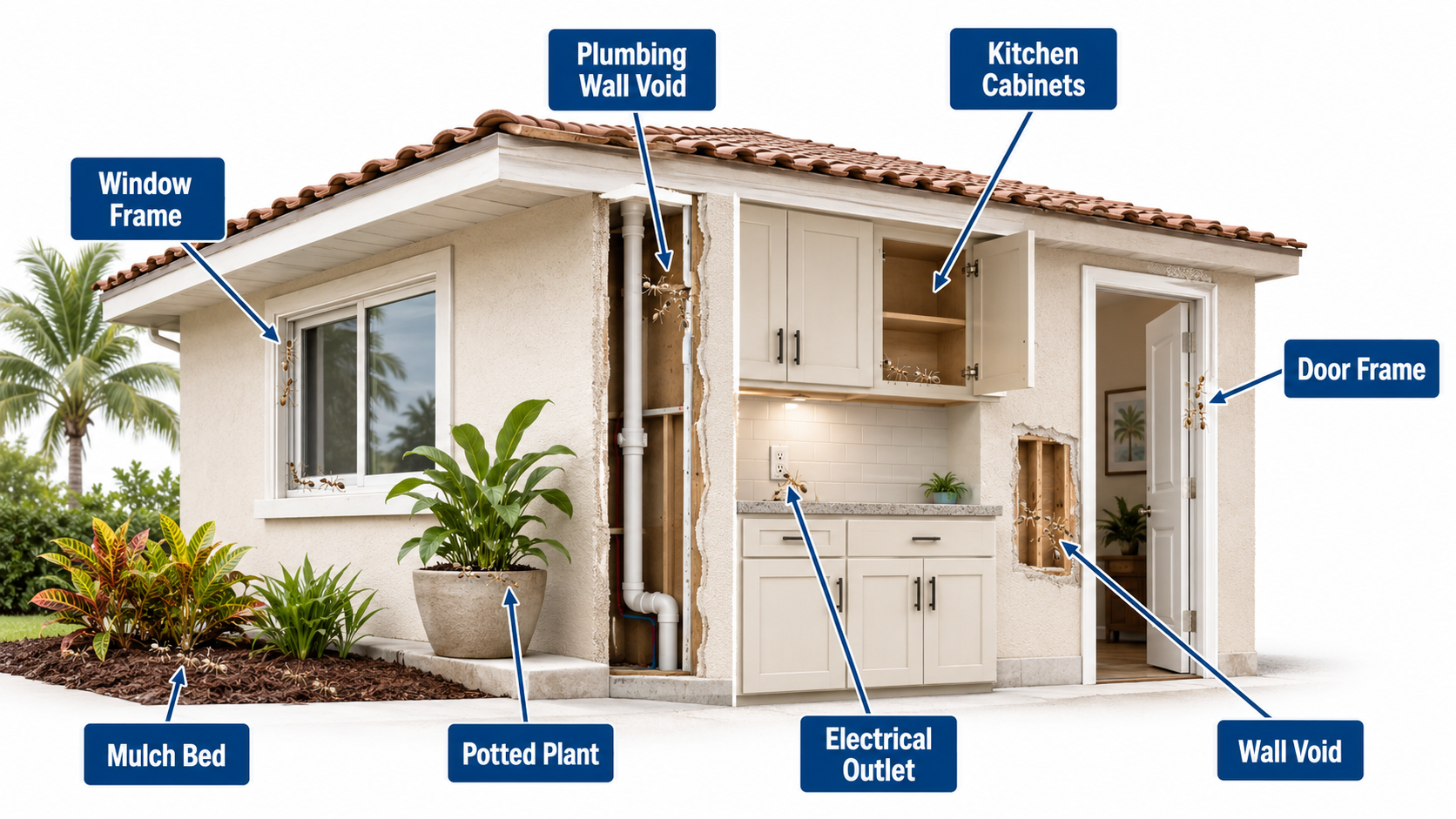 Illustration of common ghost ant nesting locations in a home
