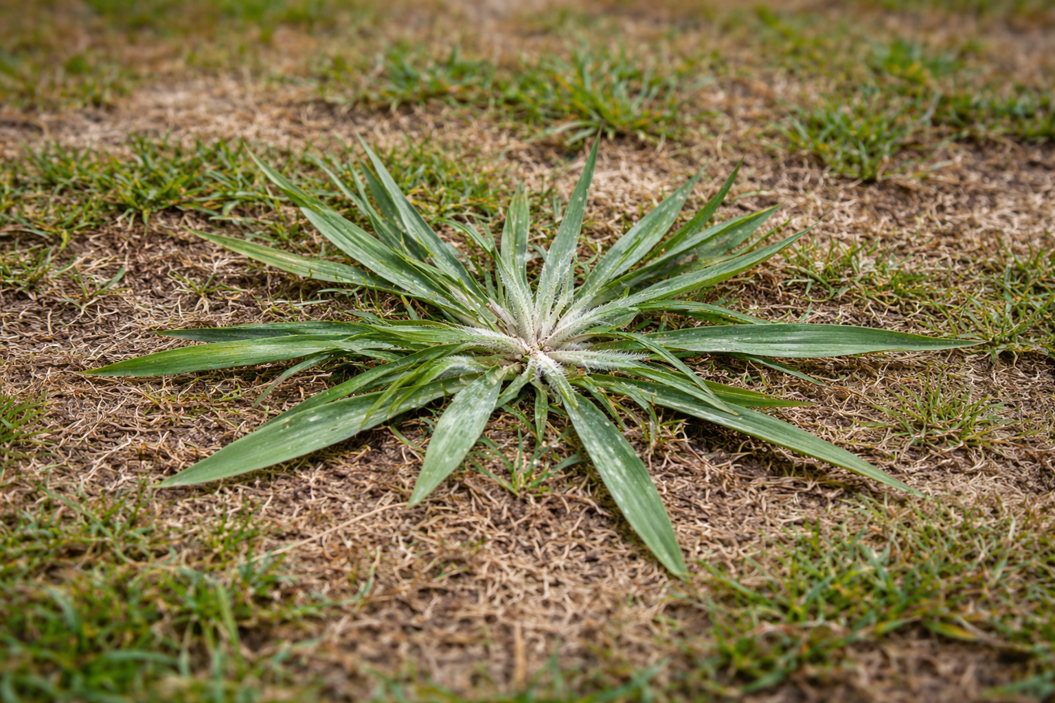 Green plantain weed with long, thin leaves growing in patchy lawn.