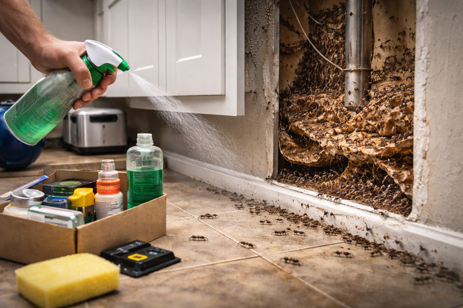 Person spraying insecticide at a large ant nest exposed in a wall.