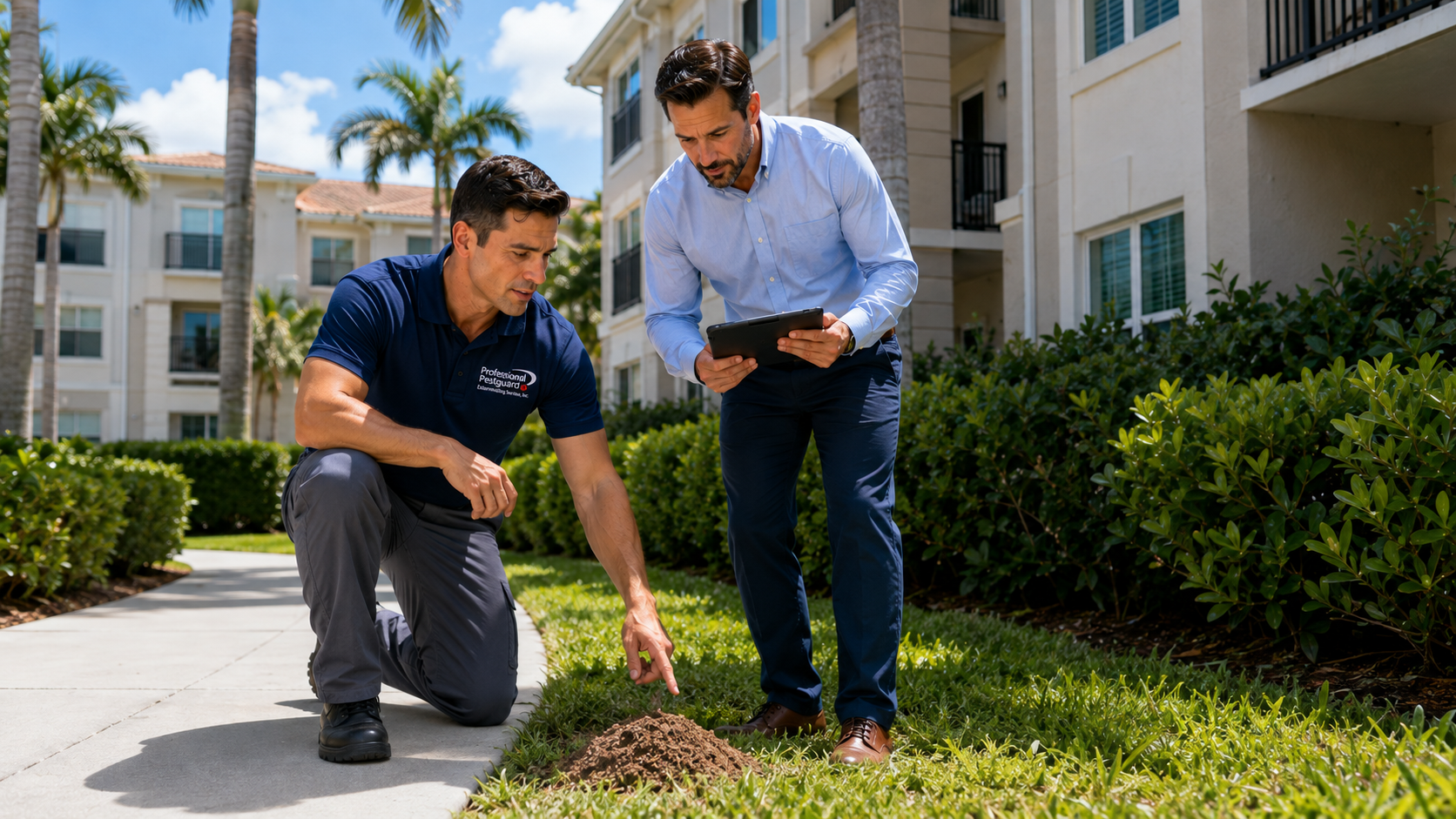 Pest control technician inspecting a fire ant mound at a South Florida apartment community.