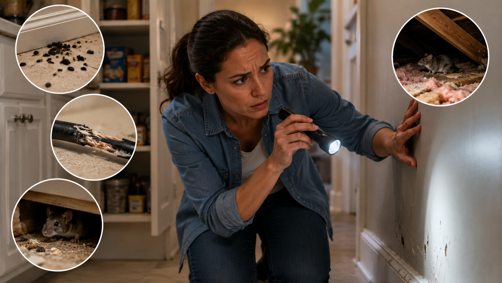 Concerned homeowner inspecting signs of rodent activity inside a South Florida home.
