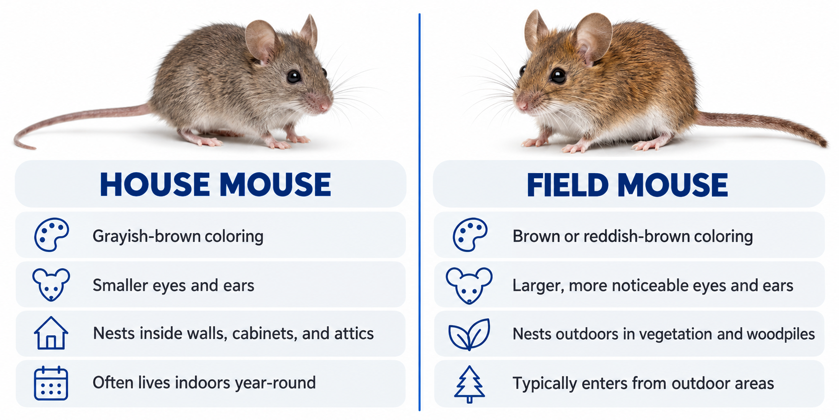 Side-by-side comparison of house mice and field mice showing differences in coloring, features, nesting areas, and indoor activity.