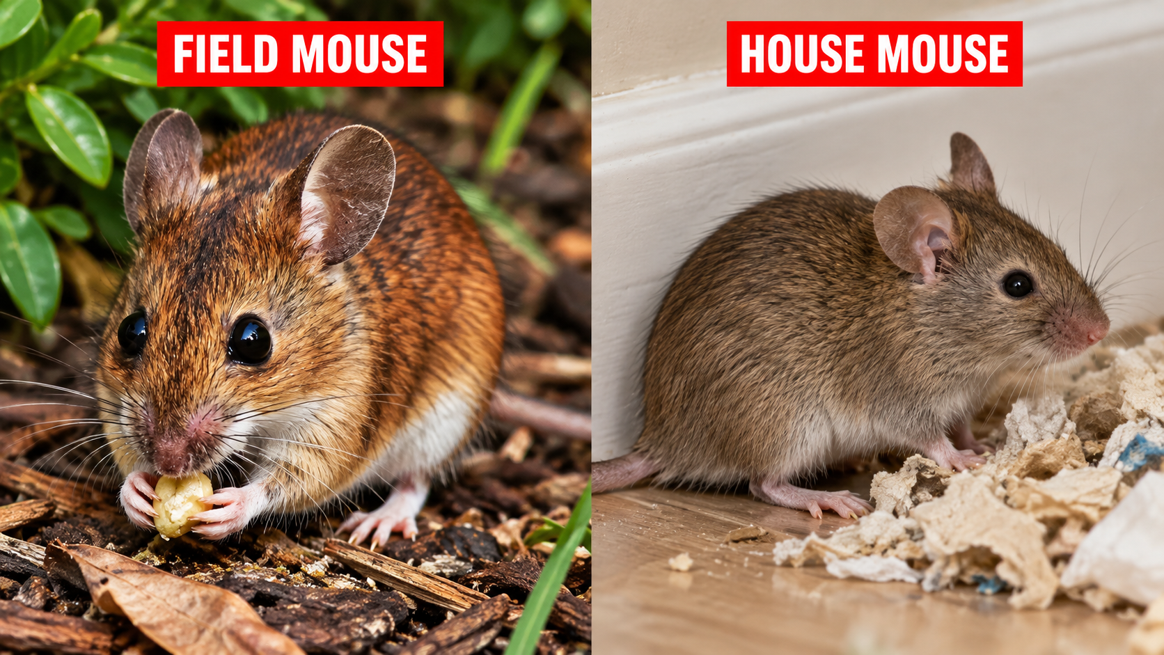 Side-by-side comparison of a field mouse and house mouse in South Florida.