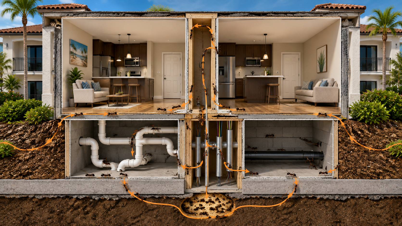Cutaway illustration showing ants traveling through wall voids, plumbing, electrical conduits, and door thresholds between neighboring apartment units.
