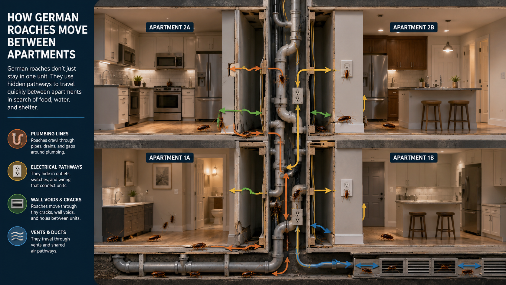 German roaches spreading between apartment units through walls and plumbing lines.