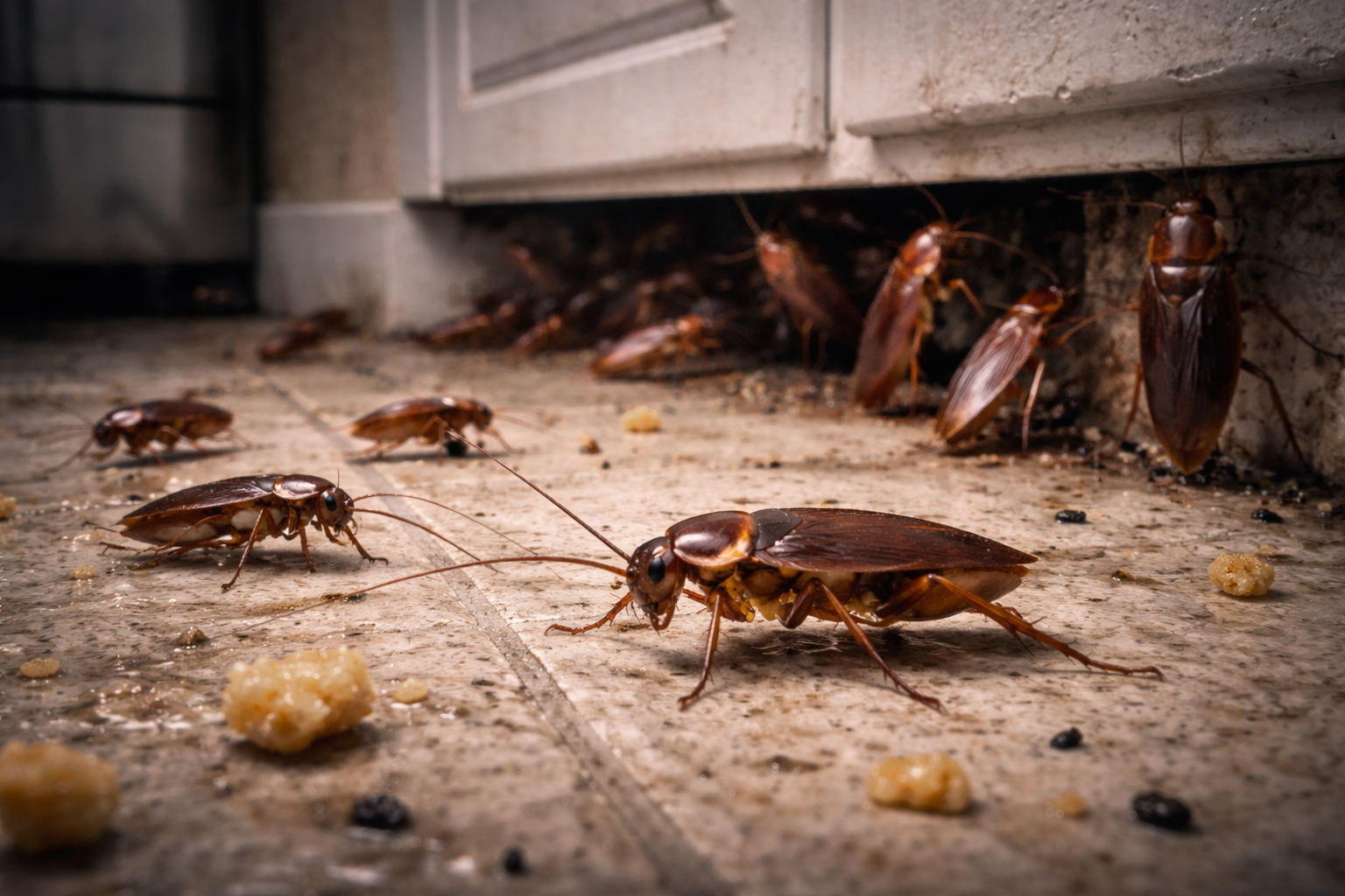 Cockroaches crawling on a dirty floor near a cabinet. Several insects and food crumbs are visible.