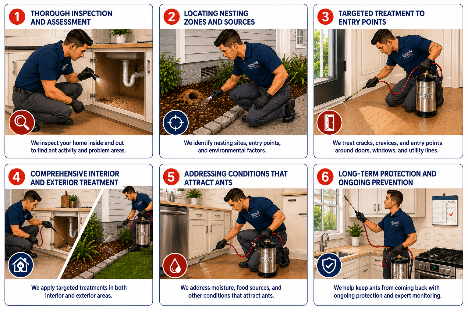 Six-step infographic showing a plumber using a drain-cleaning machine to clear a blocked sink drain