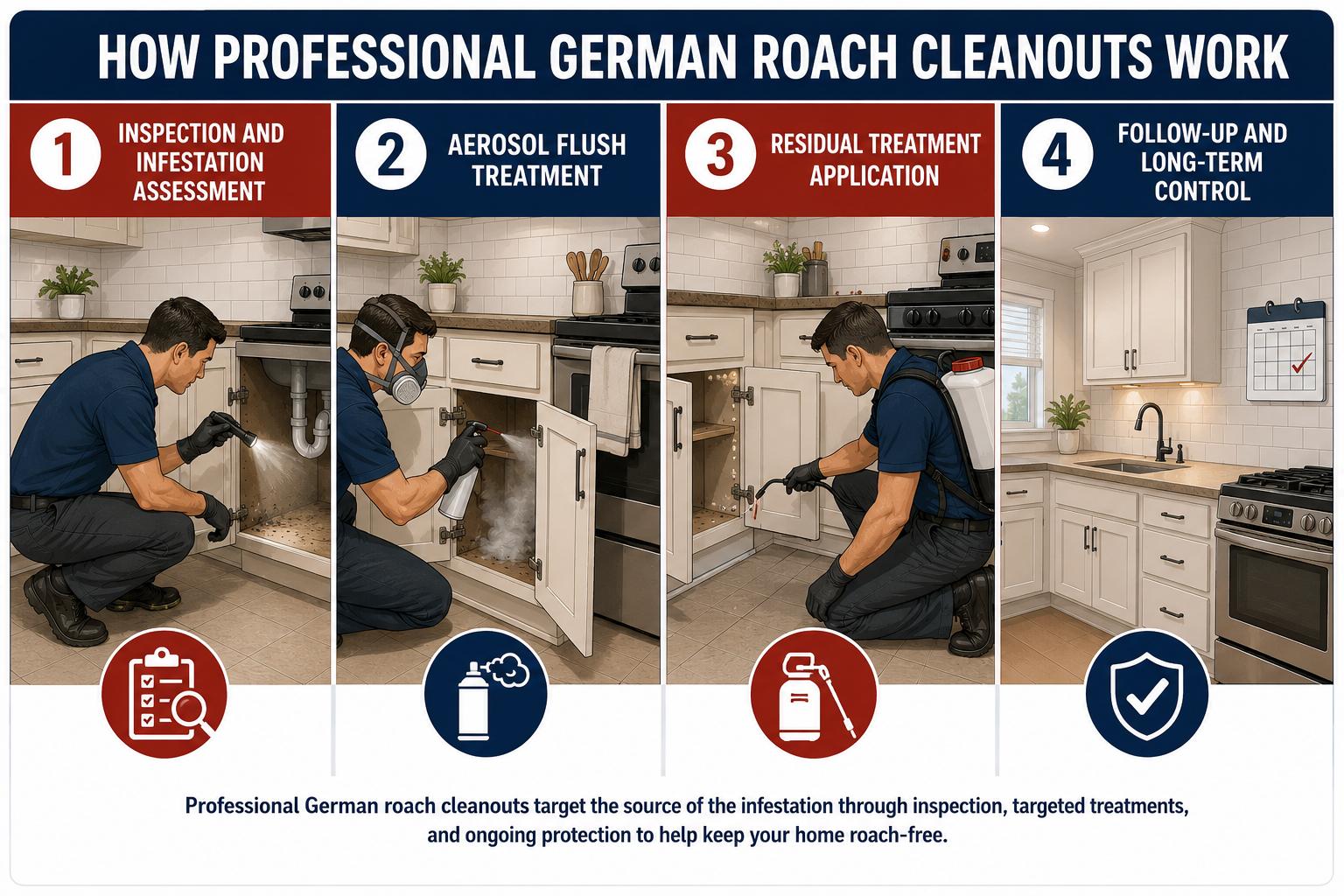 Professional German roach cleanout process illustration
