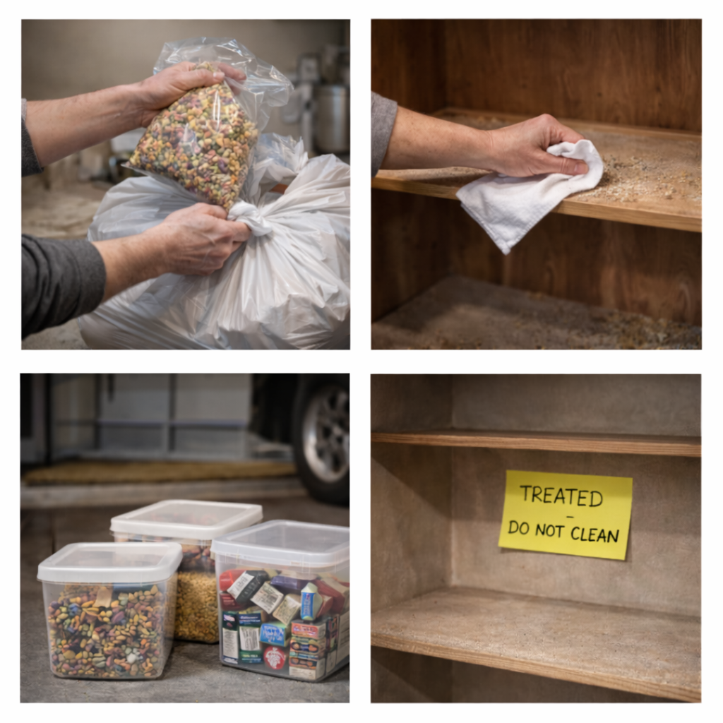 Four photos: Packing, cleaning, and storing items. A note in a treated shelf.