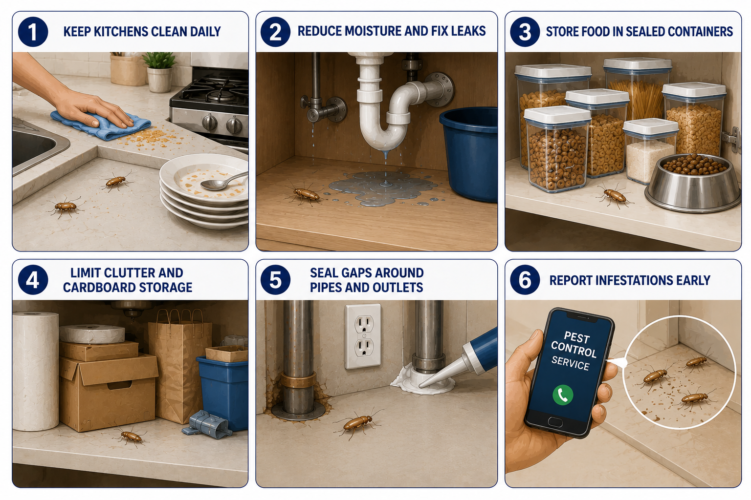German roach prevention tips for apartment kitchens, leaks, and entry gaps
