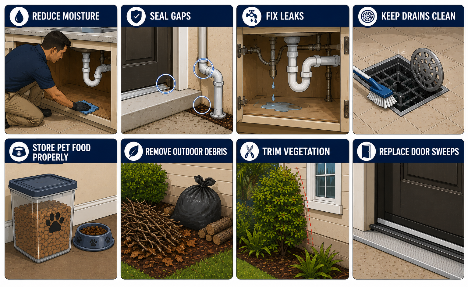 Illustration showing ways to help prevent palmetto bugs after rain