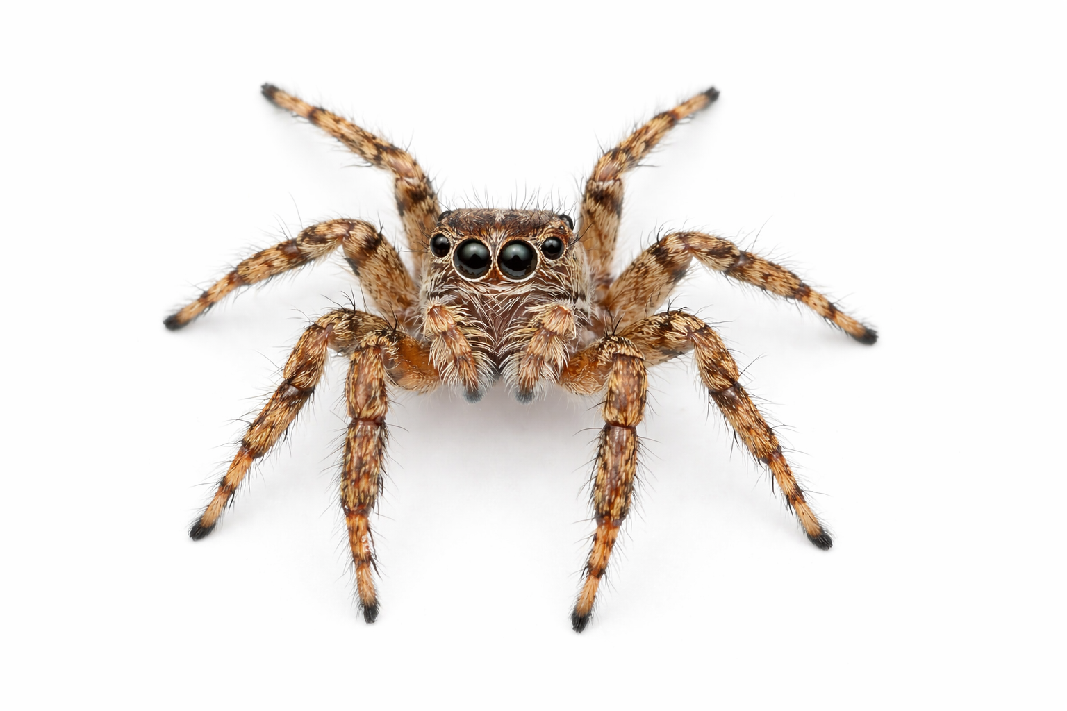 Brown and tan jumping spider on a white background, displaying its eight legs and multiple eyes.
