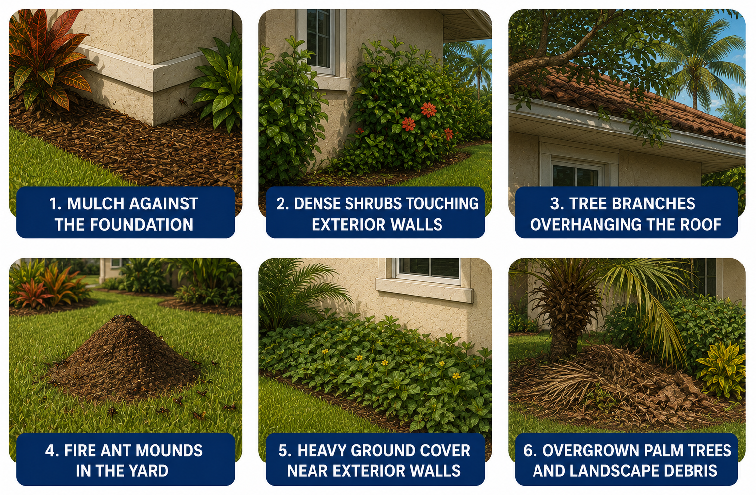 Illustration showing landscaping conditions that attract pests around South Florida homes