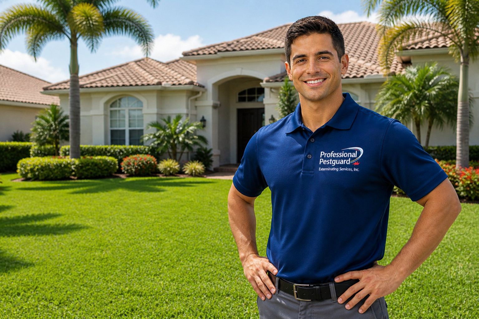 Professional Pestguard lawn technician in Weston Florida standing on healthy St Augustine grass lawn