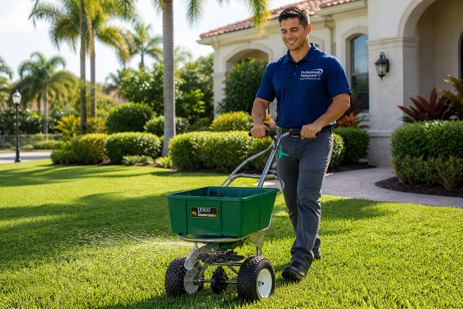 Lawn technician applying granular fertilizer on St Augustine grass in Weston Florida