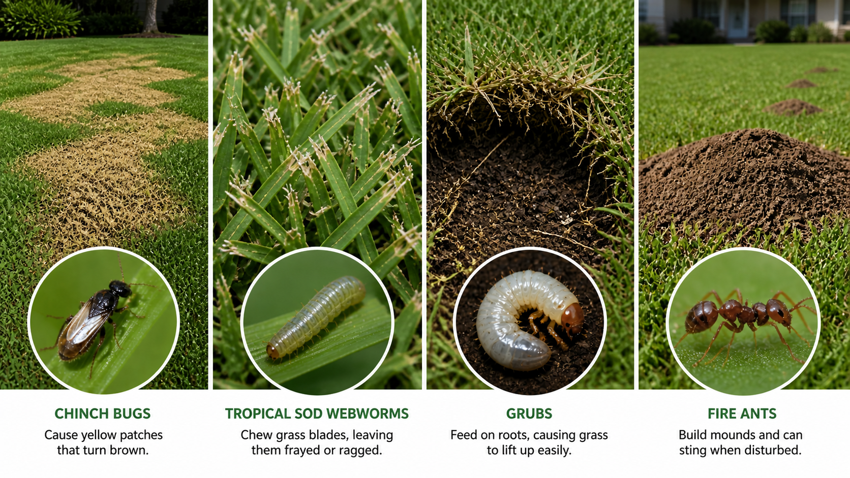 Lawn pest damage in Weston Florida with chinch bugs, grubs, fire ants, and sod webworms
