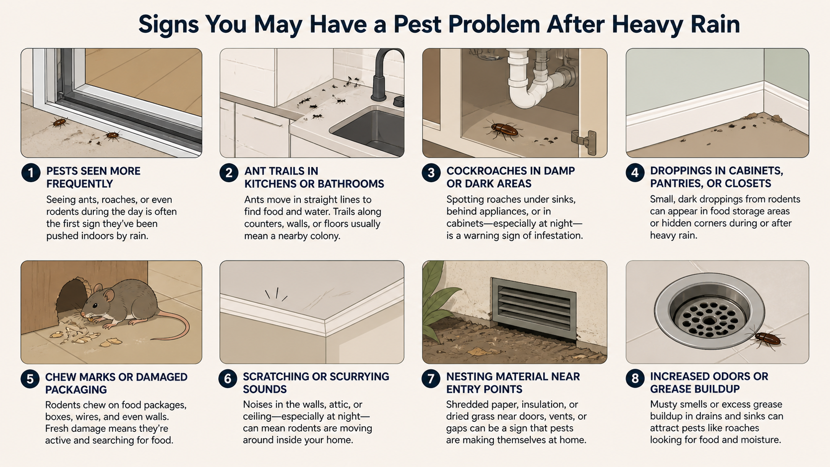 Signs of pest infestation after rain including ants, cockroaches, and rodent activity inside homes
