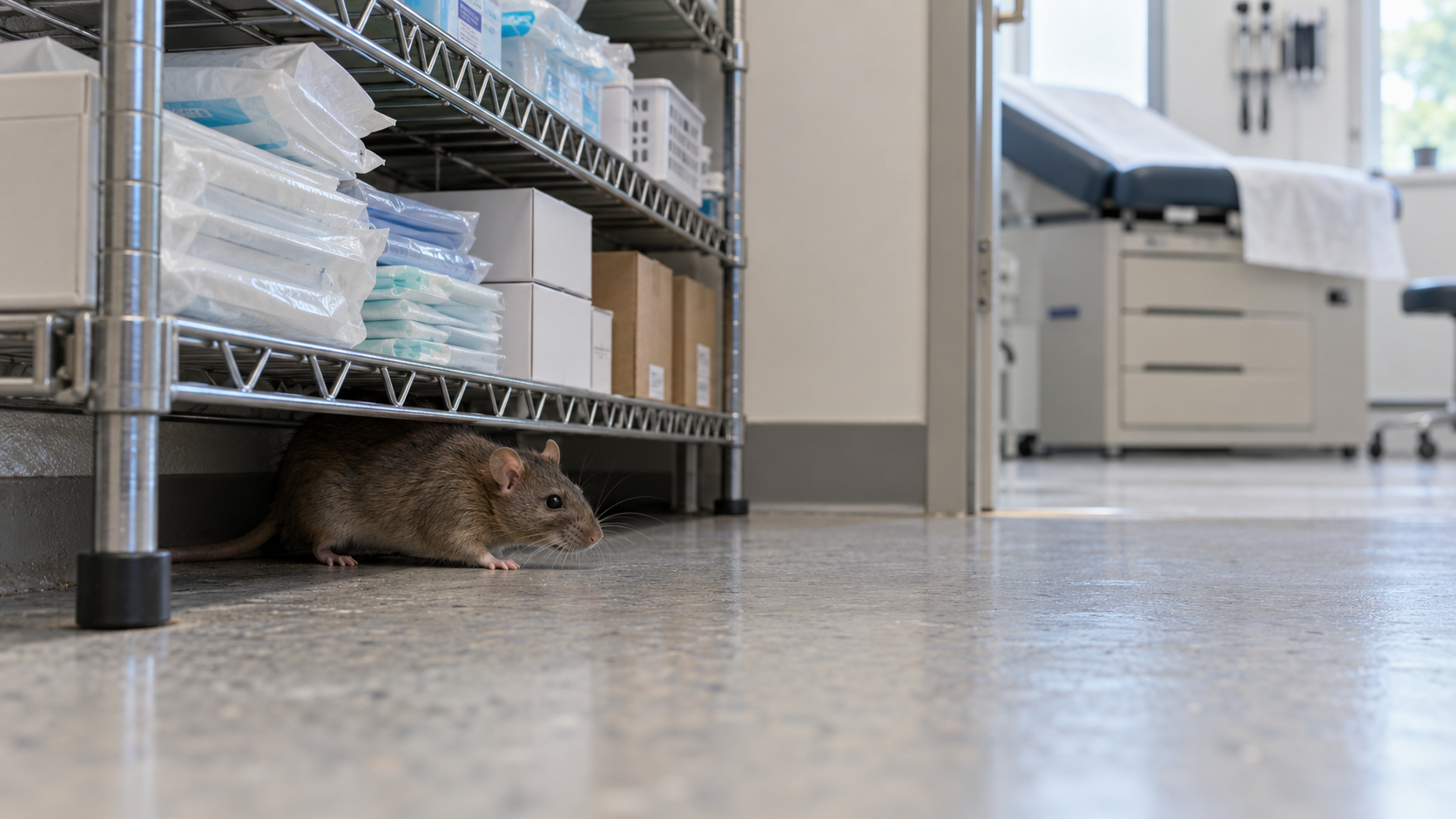 Rat beneath a supply shelf in a medical office storage room.