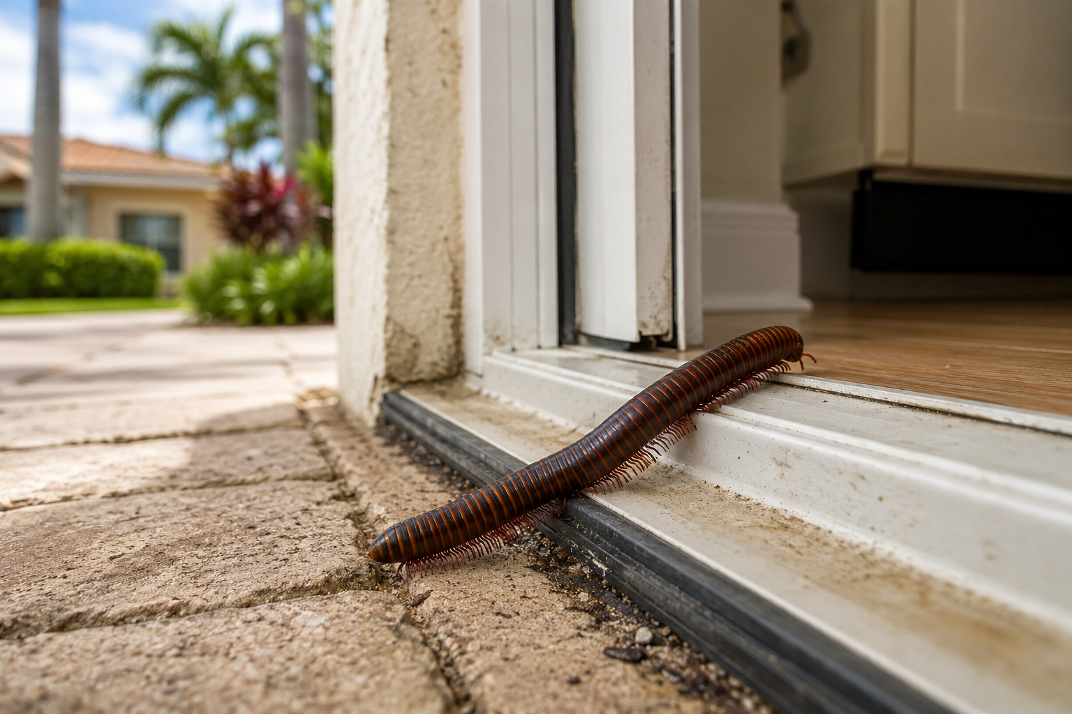 Millipede crawling through the doorway of a South Florida home after heavy rain.