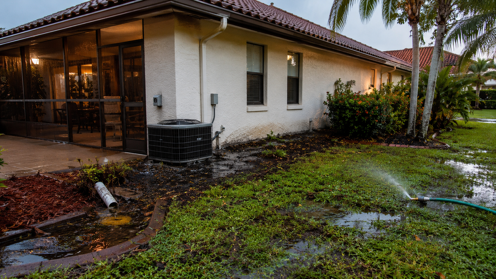 South Florida home with standing water and damp landscaping attracting pests