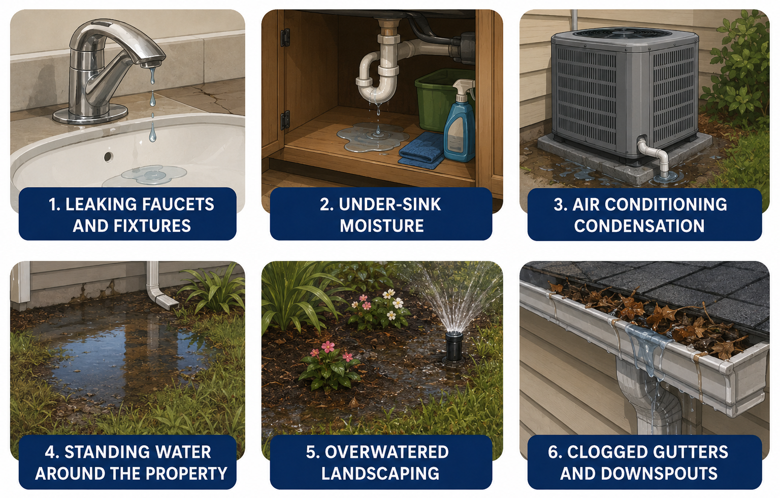 Illustration showing common moisture sources that attract pests in South Florida homes