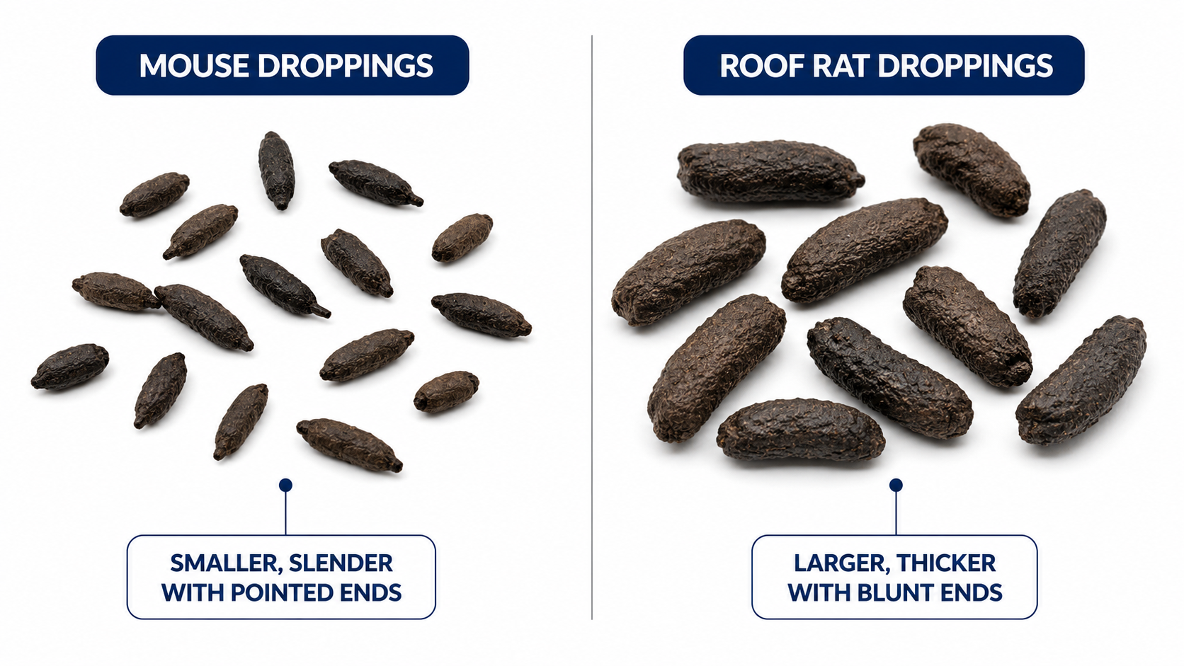Comparison of mouse droppings and roof rat droppings for identification