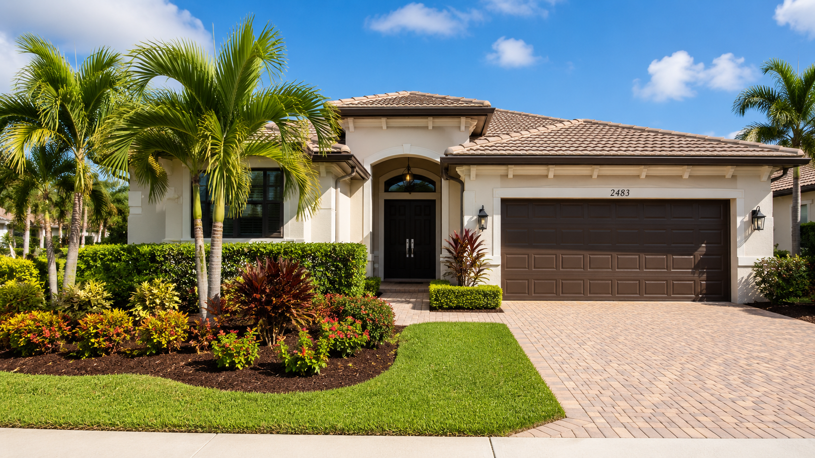 South Florida home with landscaped mulch beds around the foundation